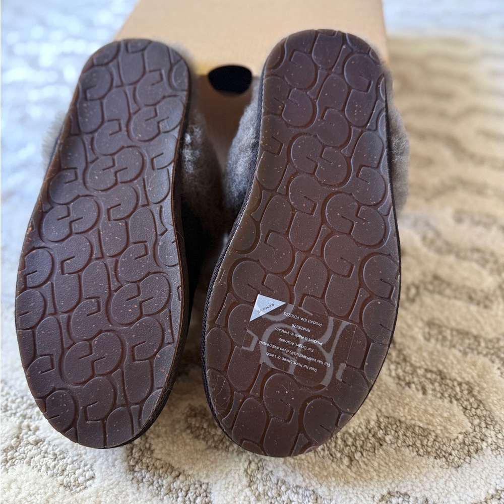 UGG Scuffette Black Slippers with Gray Fur - Picture 4 of 6
